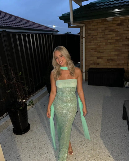 Elegant Strapless Sheath Glamorous High Slit Mint Green Floor-Length Prom Dresses