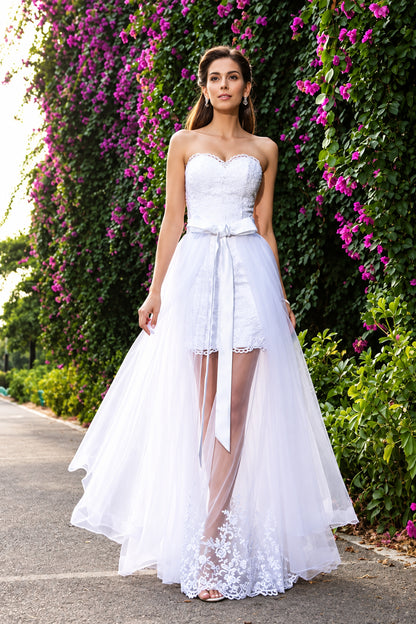 Elegant Strapless Sleeveless Lace Detachable White Floor-Length Wedding Gown