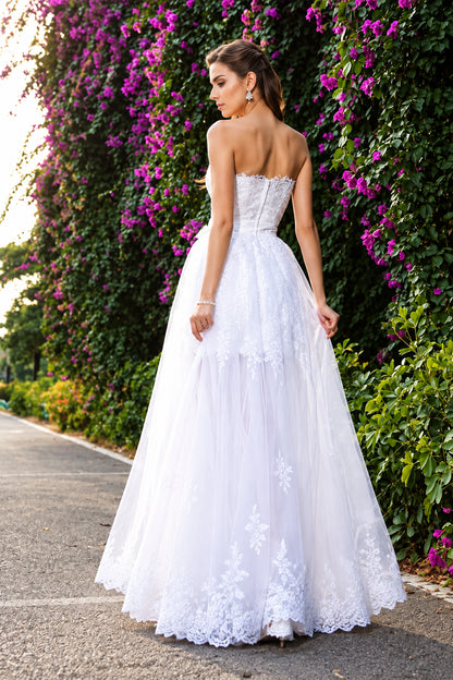 Elegant Strapless Sleeveless Lace Detachable White Floor-Length Wedding Gown