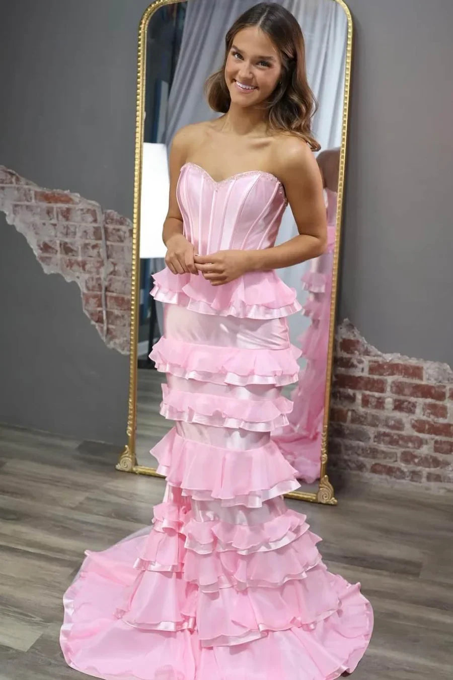 Elegant Strapless Sweetheart Ruffled Corset Pink Floor-Length Prom Dress Gown