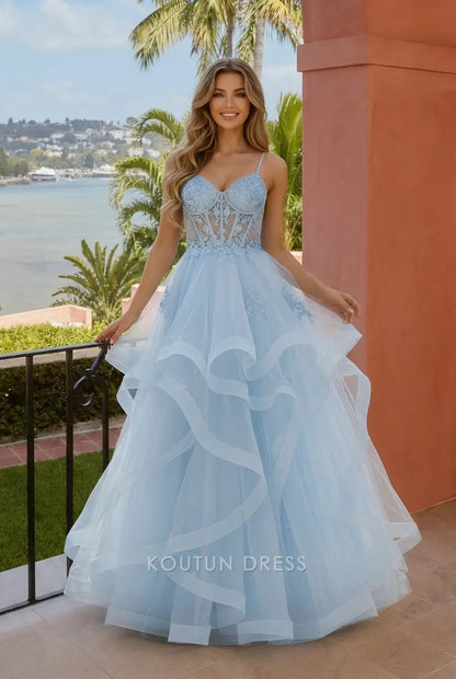 Elegant Sweetheart Sleeveless Ruffled Tiered Light Blue Floor-Length Prom Dresses Gown