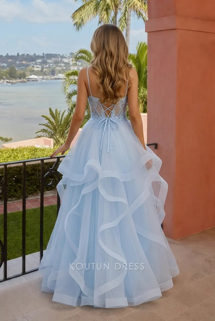 Elegant Sweetheart Sleeveless Ruffled Tiered Light Blue Floor-Length Prom Dresses Gown