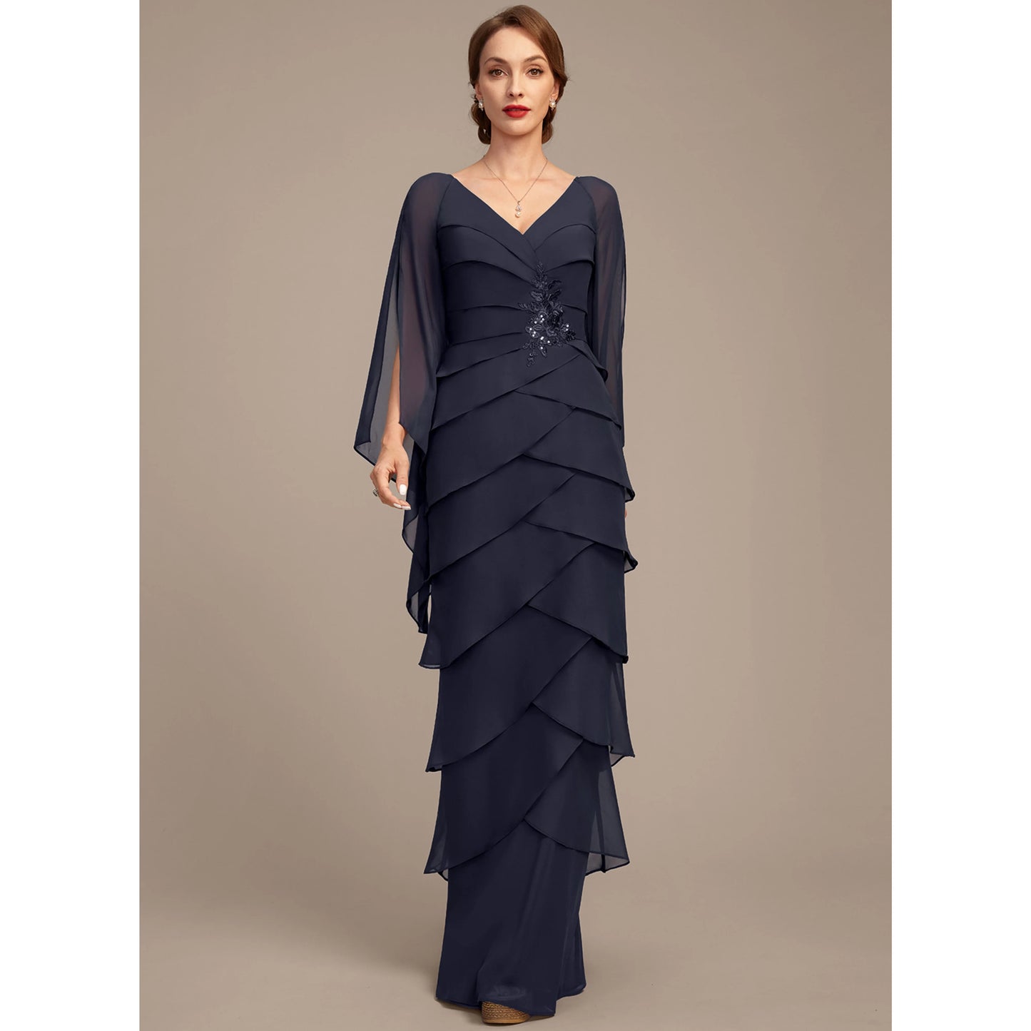 Elegant Tiered V-Neck Long Sleeve Embellished Navy Blue Mother of the Bride Gown