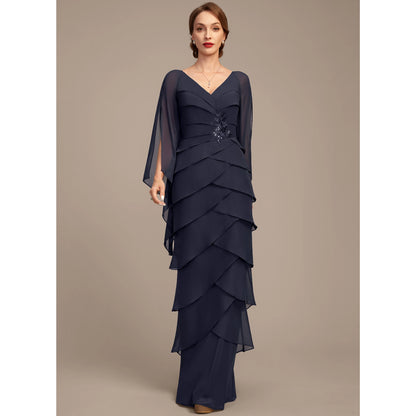 Elegant Tiered V-Neck Long Sleeve Embellished Navy Blue Mother of the Bride Gown