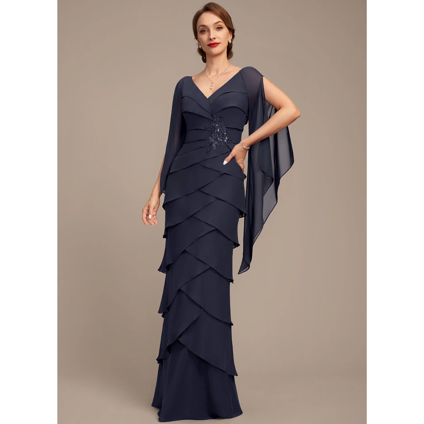 Elegant Tiered V-Neck Long Sleeve Embellished Navy Blue Mother of the Bride Gown