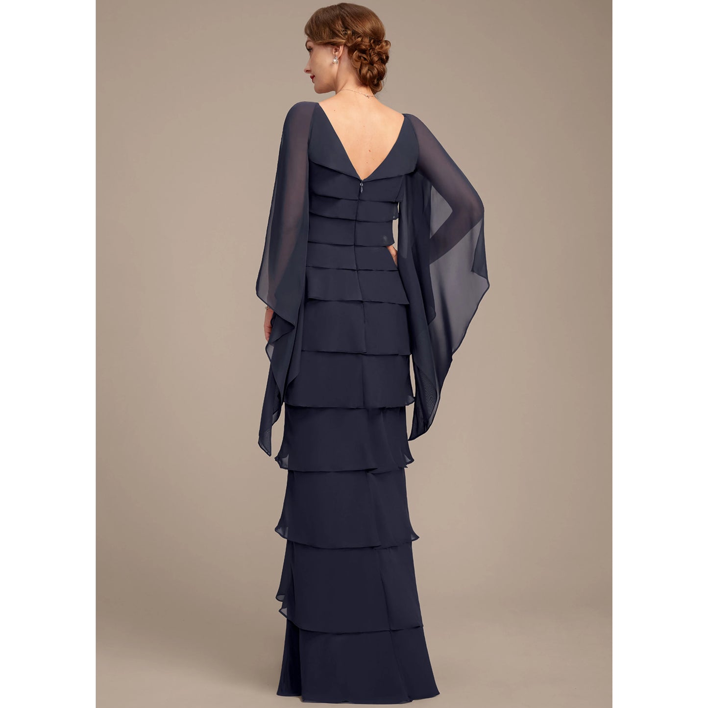 Elegant Tiered V-Neck Long Sleeve Embellished Navy Blue Mother of the Bride Gown