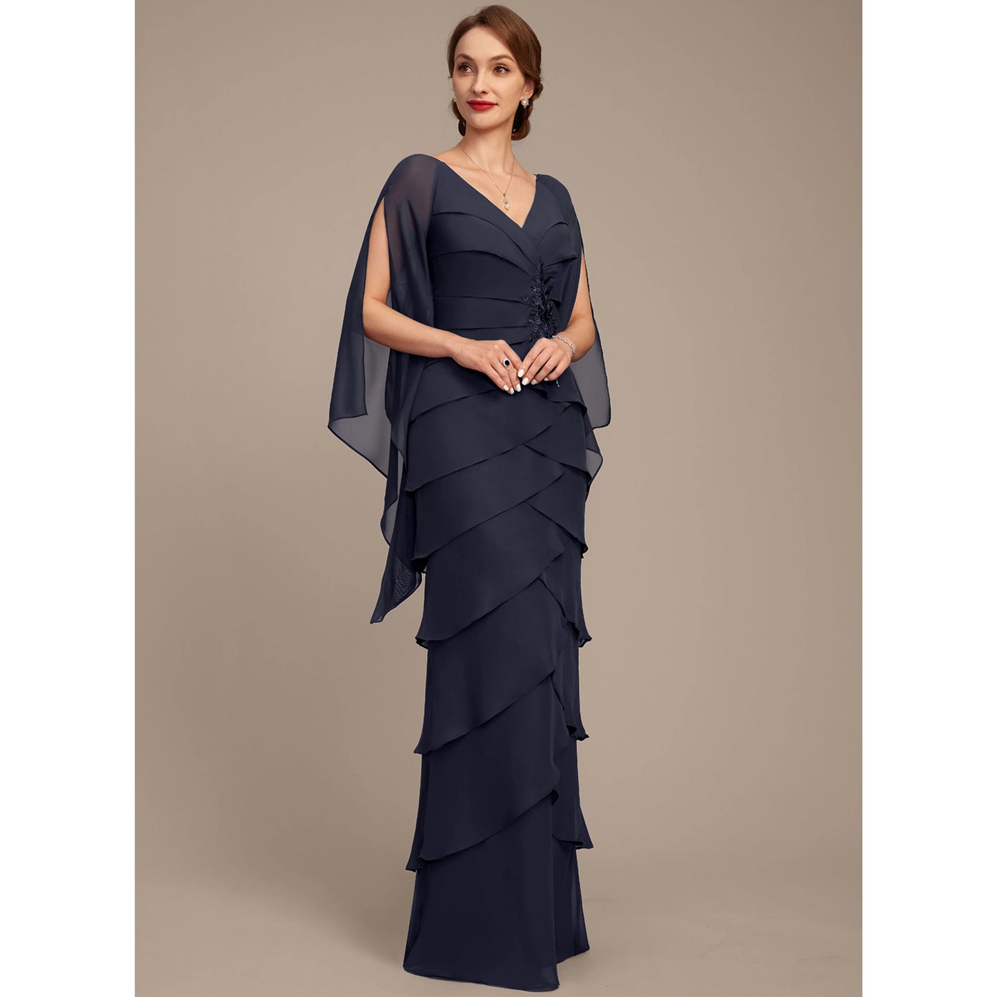 Elegant Tiered V-Neck Long Sleeve Embellished Navy Blue Mother of the Bride Gown