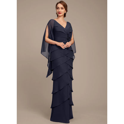 Elegant Tiered V-Neck Long Sleeve Embellished Navy Blue Mother of the Bride Gown