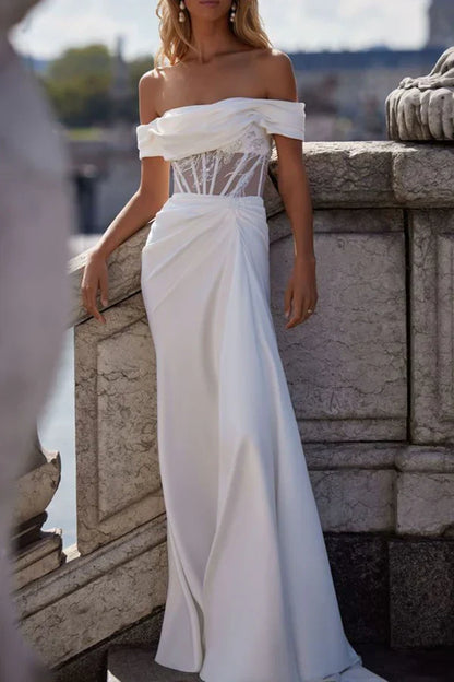 Elegant Trumpet Off-Shoulder Corset Draped White Floor-Length Wedding Dresses Bridal Gown