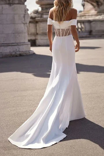 Elegant Trumpet Off-Shoulder Corset Draped White Floor-Length Wedding Dresses Bridal Gown