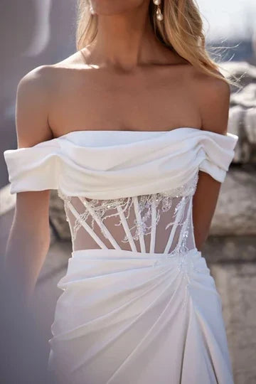 Elegant Trumpet Off-Shoulder Corset Draped White Floor-Length Wedding Dresses Bridal Gown