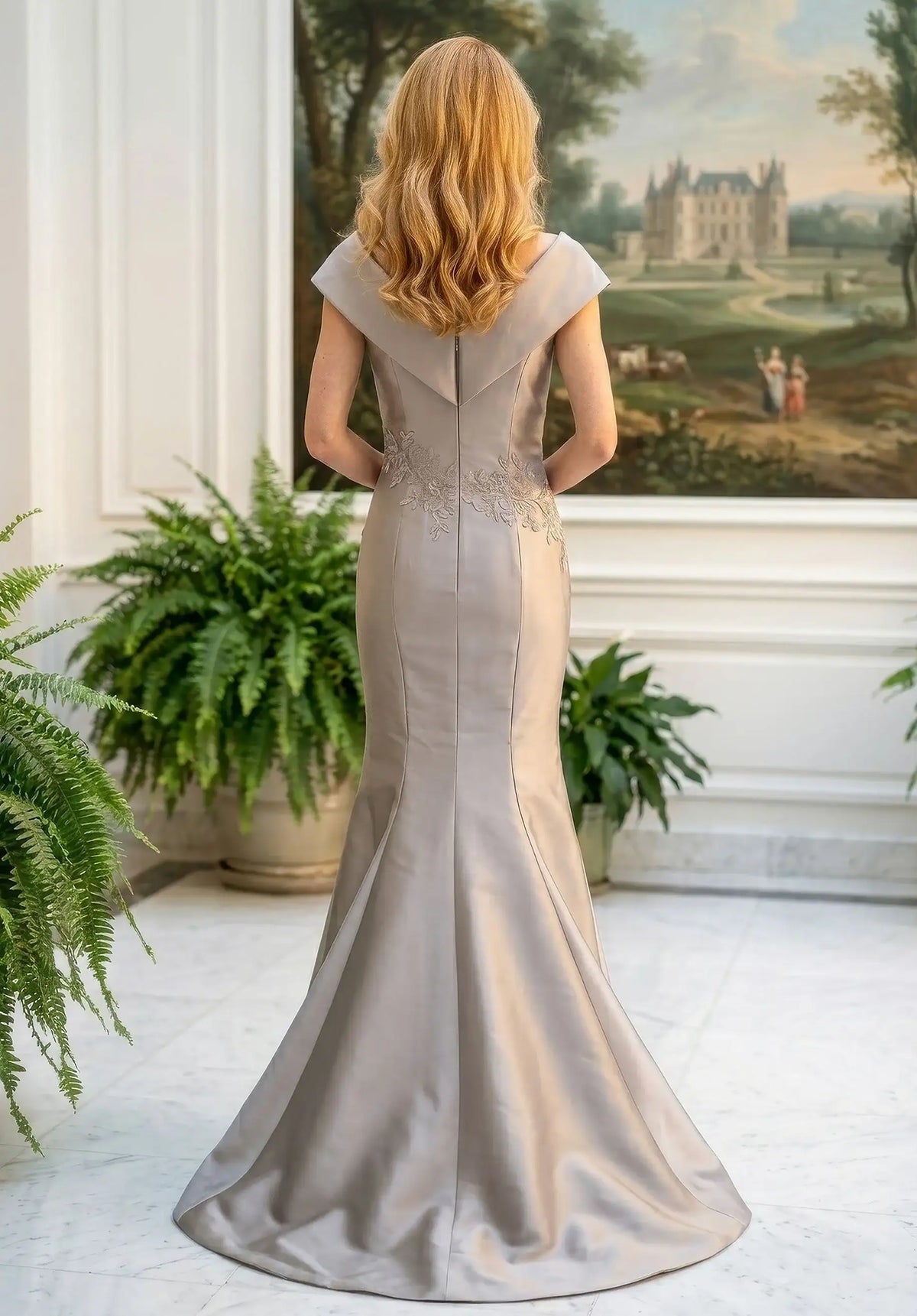 Elegant Trumpet Off-Shoulder Draped Embroidered Taupe Mother of the Bride Gown