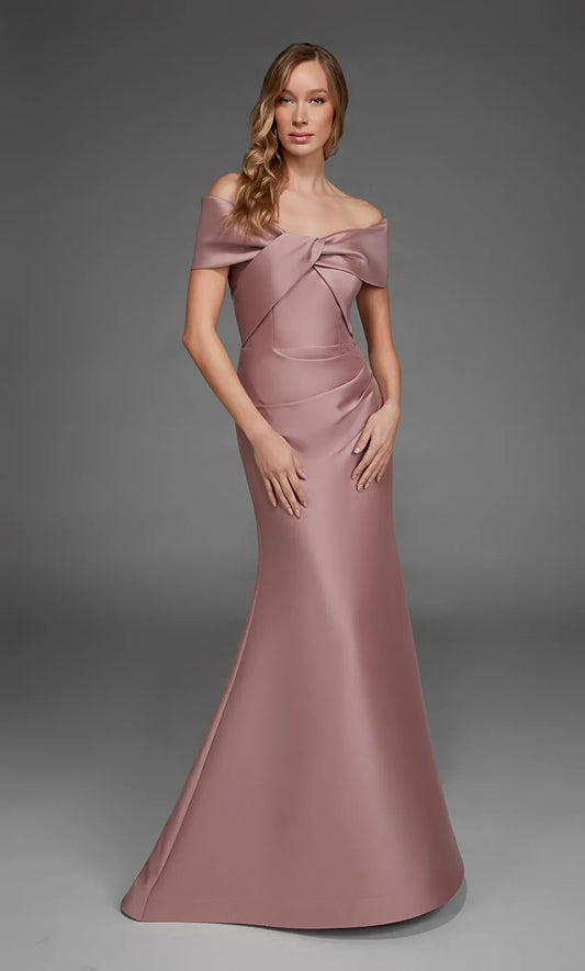 Elegant Trumpet Off-Shoulder Ruched Dusty Rose Floor-Length Mother of the Bride Gown
