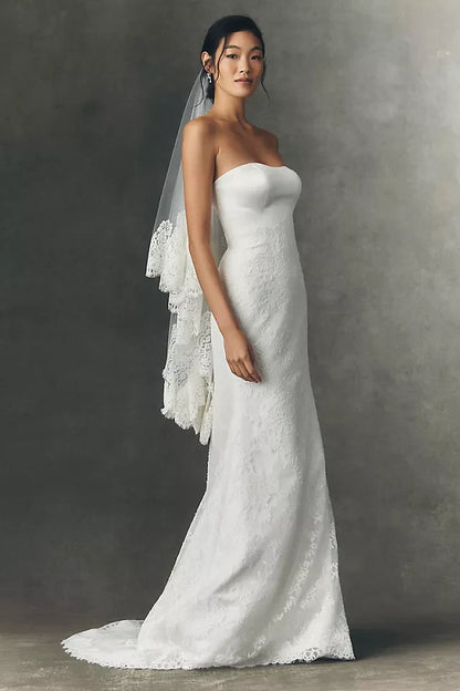 Elegant Trumpet Strapless Sweetheart Lace Classic White Floor-Length Wedding Gown