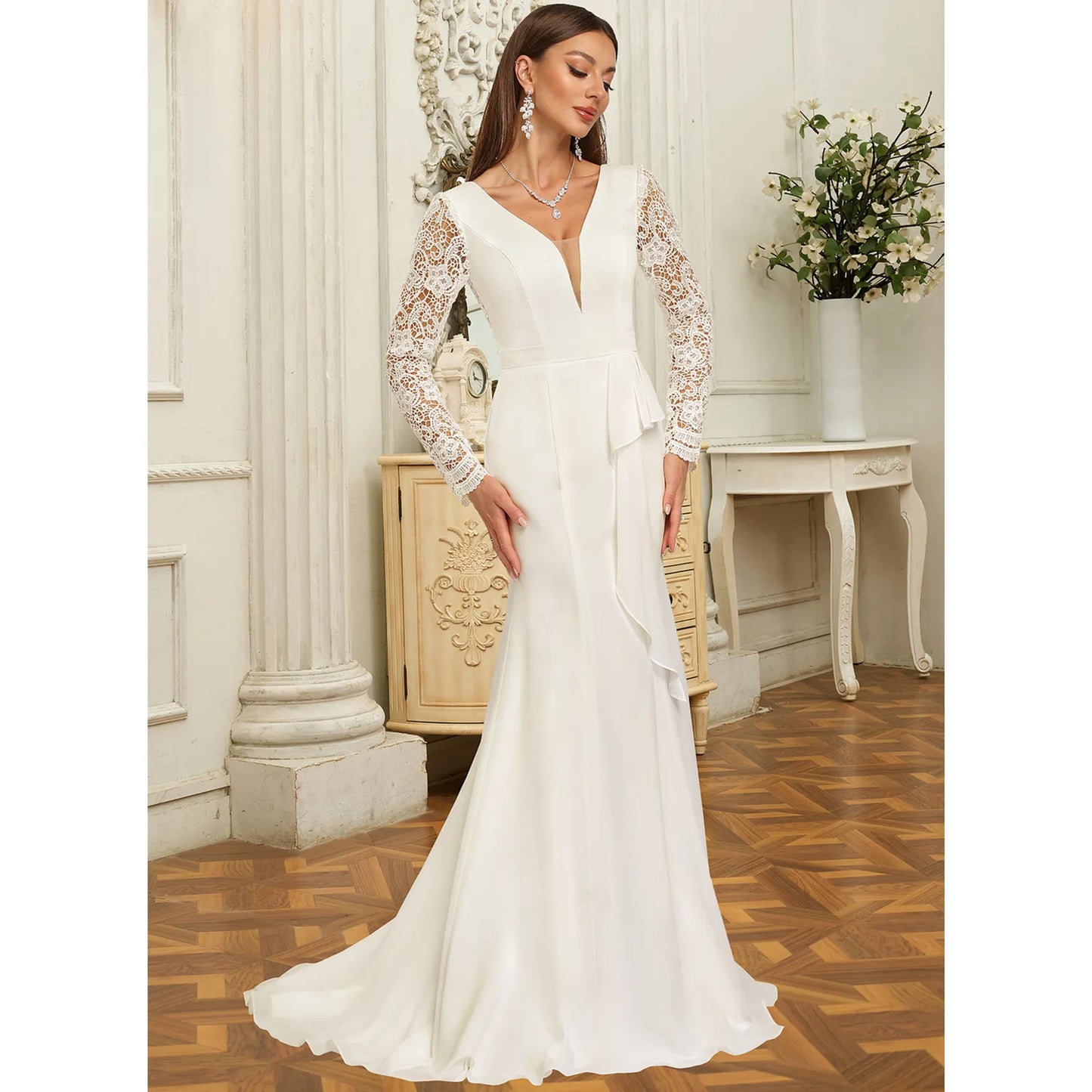 Elegant Trumpet V-Neck Long Sleeve Lace White Floor-Length Wedding Dress