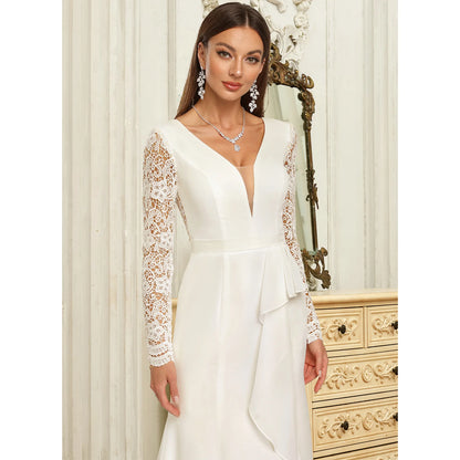 Elegant Trumpet V-Neck Long Sleeve Lace White Floor-Length Wedding Dress