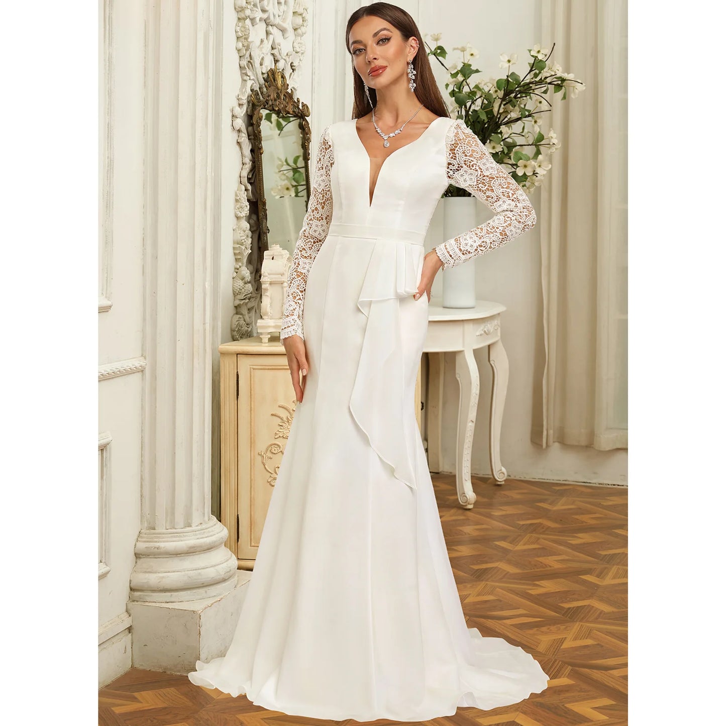 Elegant Trumpet V-Neck Long Sleeve Lace White Floor-Length Wedding Dress