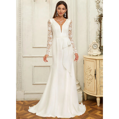 Elegant Trumpet V-Neck Long Sleeve Lace White Floor-Length Wedding Dress