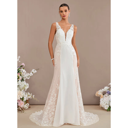 Elegant Trumpet V-Neck Sleeveless Lace Open Back Ivory Floor-Length Wedding Gown