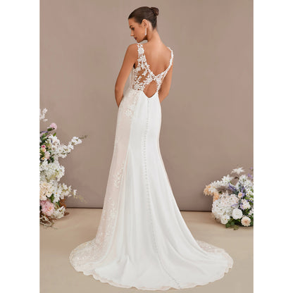 Elegant Trumpet V-Neck Sleeveless Lace Open Back Ivory Floor-Length Wedding Gown