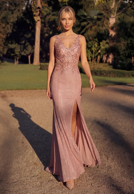 Elegant V-Neck Sleeveless Sheath Embellished Rose Gold Floor-Length Mother of the Bride Gown