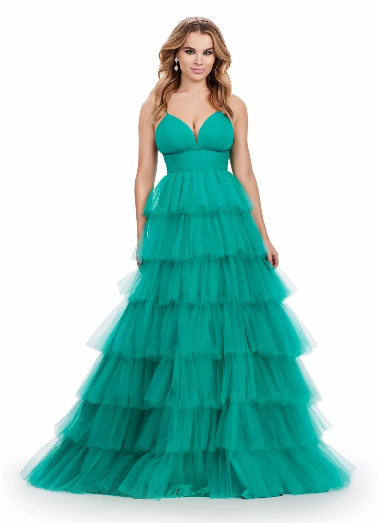 Elegant Voluminous Sweetheart V-Neck Sleeveless Tiered Ruffle Teal Floor-Length Evening Gown
