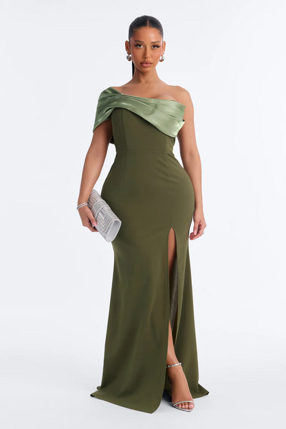 Elegant mermaid off shoulder satin drape split evening dress