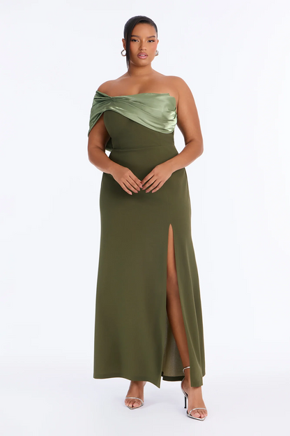 Elegant mermaid off shoulder satin drape split evening dress