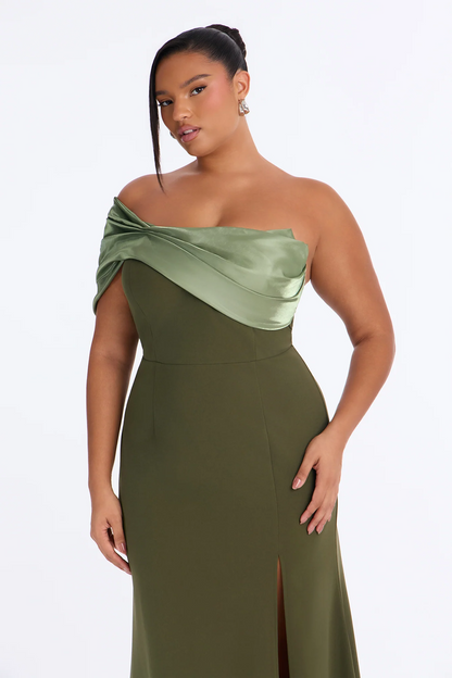 Elegant mermaid off shoulder satin drape split evening dress