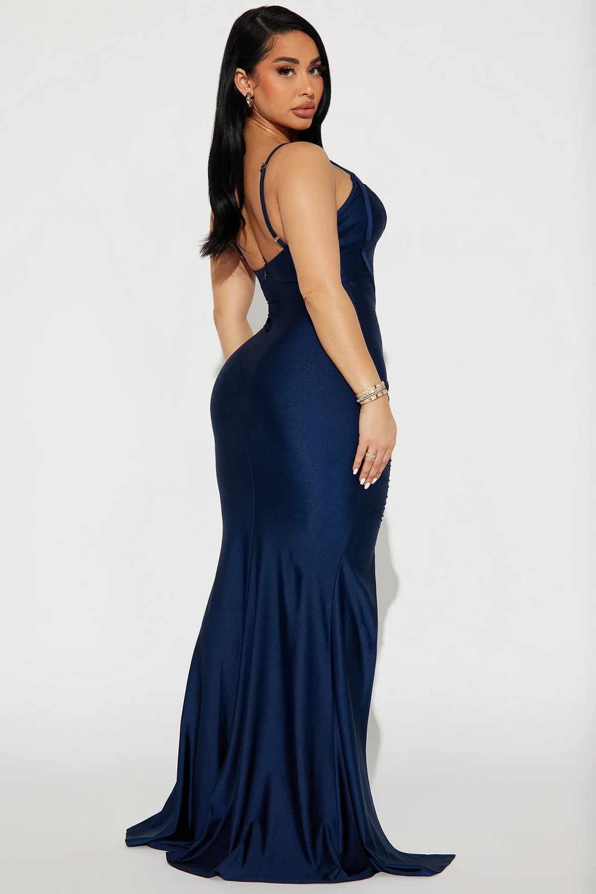 Elegant mermaid spaghetti strap corset ruched slit satin evening dress