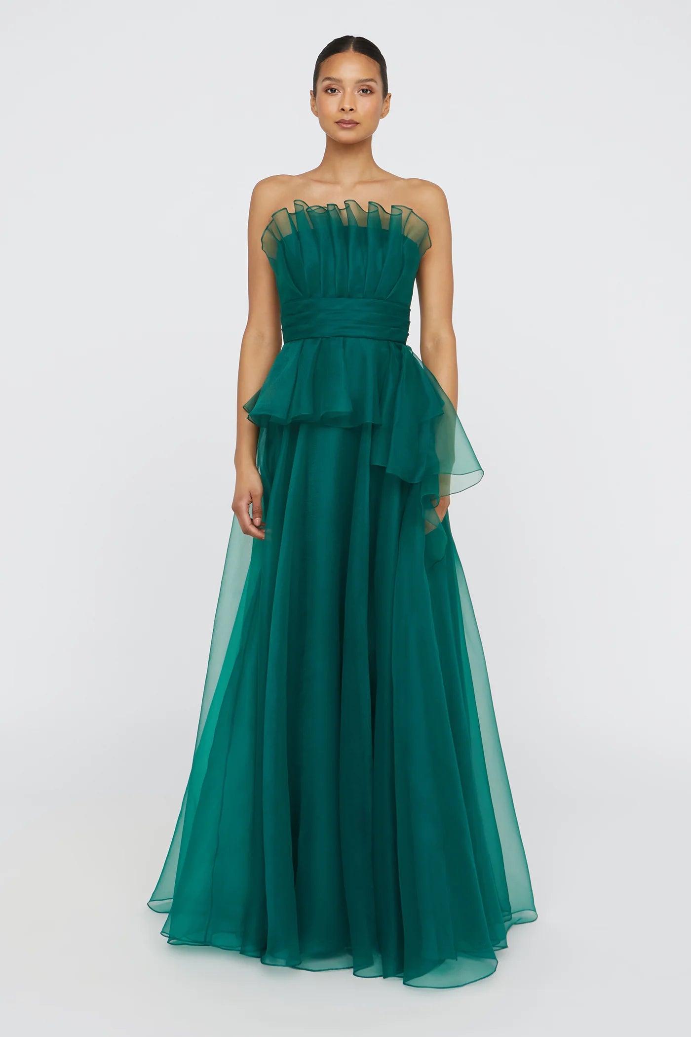 Emerald Green Organza A Line Strapless Ruffle Neckline Peplum Waist Floor Length Formal Evening Prom Dress