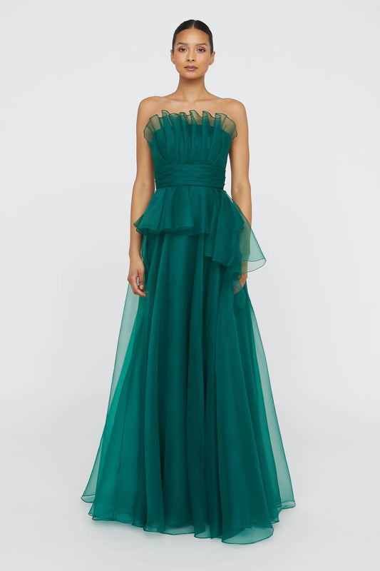 Emerald Green Organza A Line Strapless Ruffle Neckline Peplum Waist Floor Length Formal Evening Prom Dress