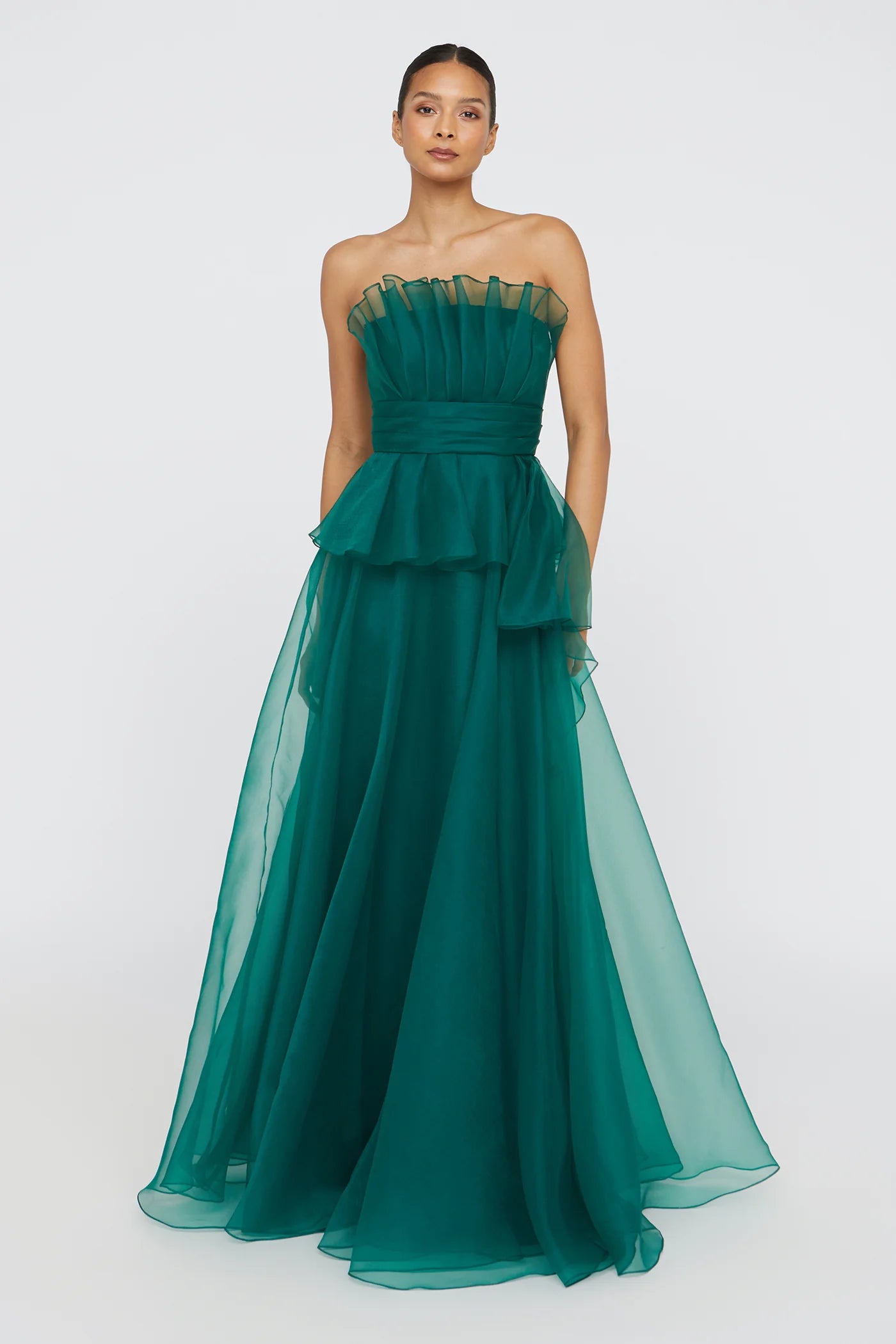 Emerald Green Organza A Line Strapless Ruffle Neckline Peplum Waist Floor Length Formal Evening Prom Dress