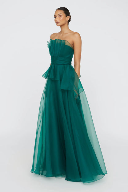 Emerald Green Organza A Line Strapless Ruffle Neckline Peplum Waist Floor Length Formal Evening Prom Dress