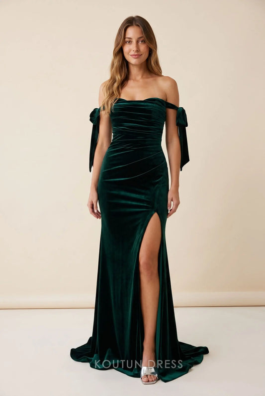 Emerald Green Velvet Off The Shoulder Bow Tie Strap Side Ruched High Slit Mermaid Train Maxi Prom Dress