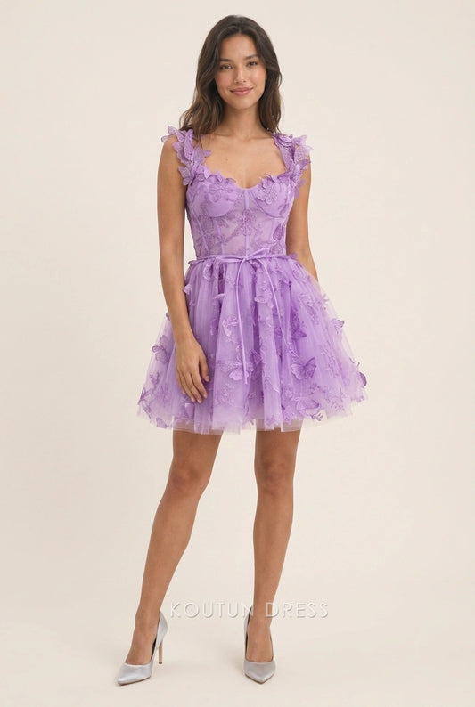 Lavender A-line short homecoming dress with sweetheart neckline and butterfly appliqués.