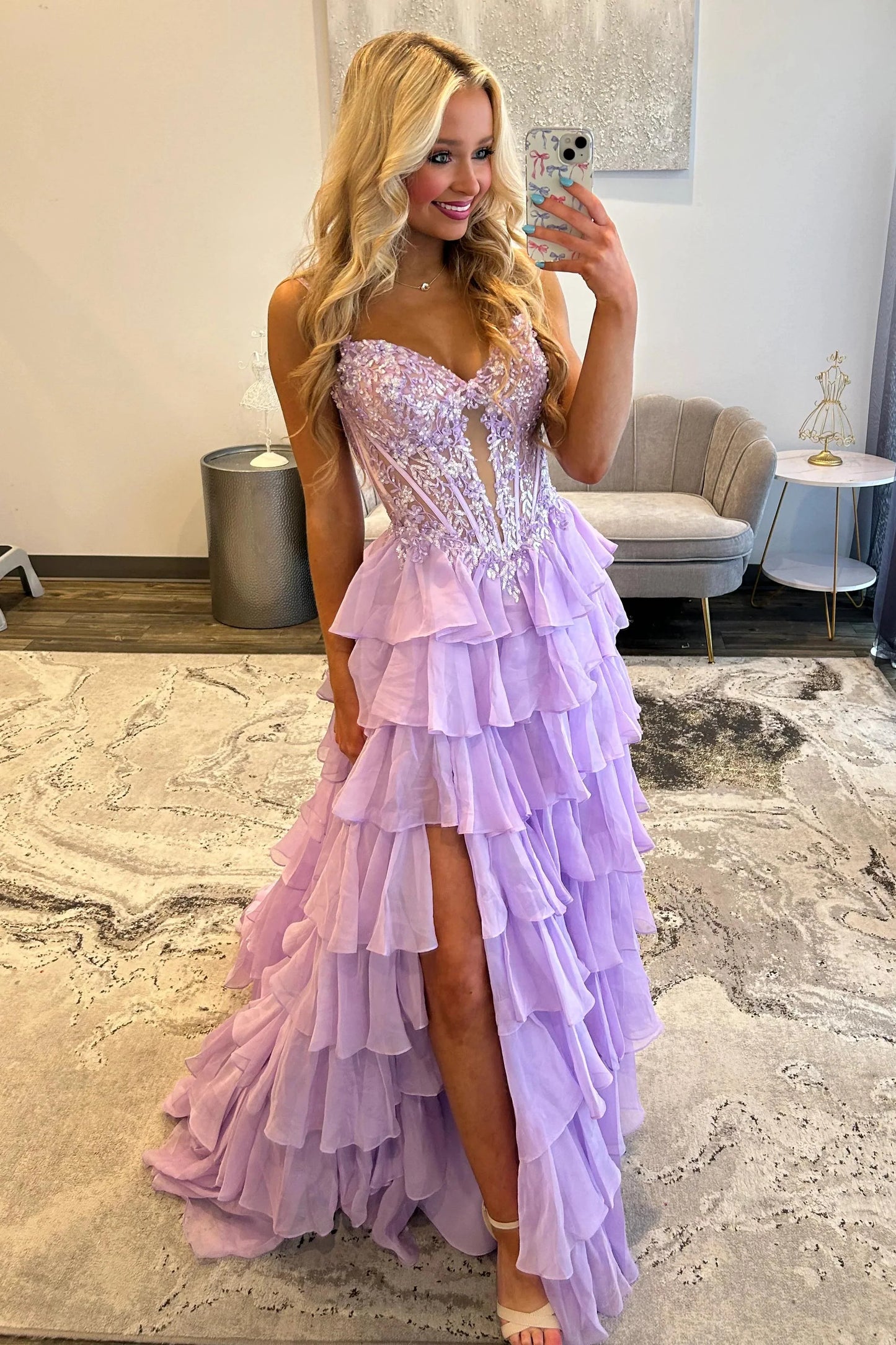 Enchanting Spaghetti Strap Lilac Sequin Floral Embellished Tiered Ruffle Tulle Gown with Deep V-Back and Side Slit Prom Dress