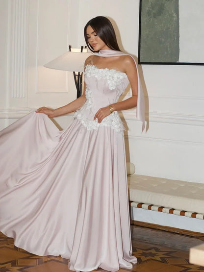 Enchanting Strapless 3D Floral Feather Embellished Corset Satin Maxi Prom Dress with Halter Scarf Detail