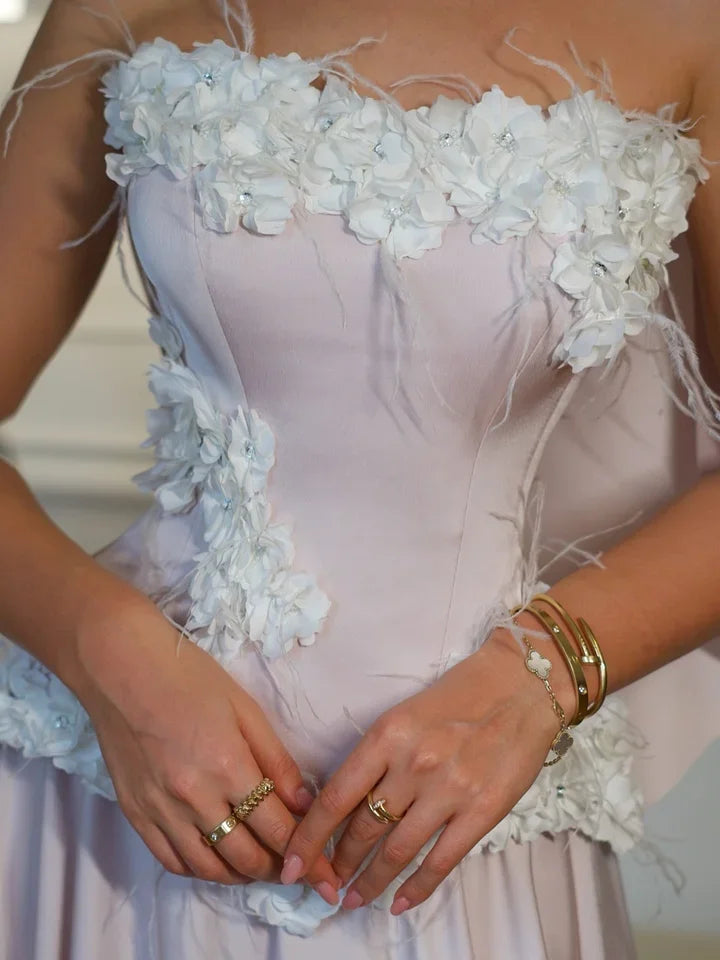 Enchanting Strapless 3D Floral Feather Embellished Corset Satin Maxi Prom Dress with Halter Scarf Detail