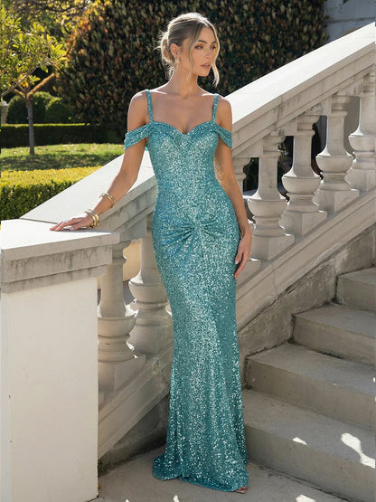 Enchanting Turquoise Ombré Sequin Off-Shoulder Mermaid Gown