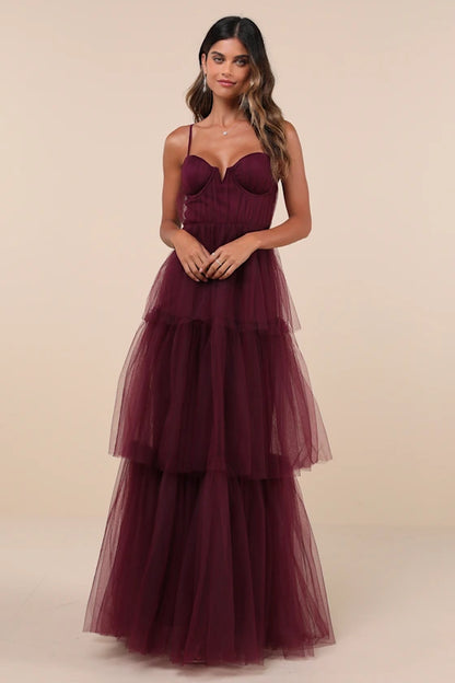 Enchanting Wine Red Tiered Tulle Maxi Dress with Corset Bodice, Formal Evening Gowns