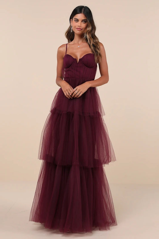 Enchanting Wine Red Tiered Tulle Maxi Dress with Corset Bodice, Formal Evening Gowns