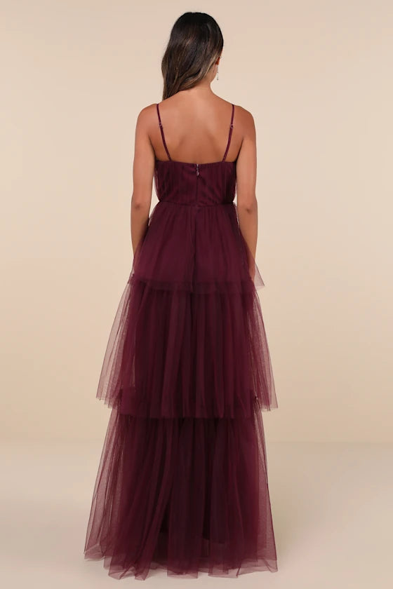 Enchanting Wine Red Tiered Tulle Maxi Dress with Corset Bodice, Formal Evening Gowns