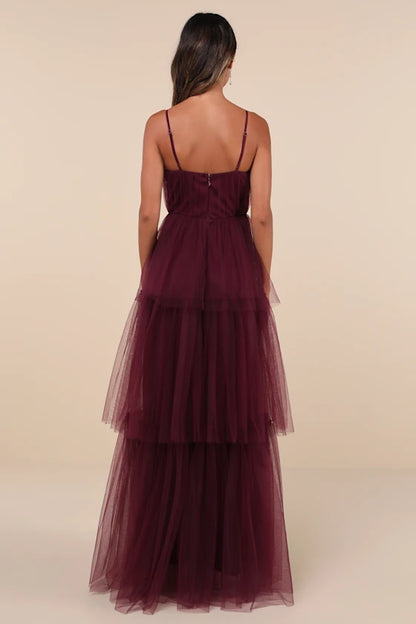 Enchanting Wine Red Tiered Tulle Maxi Dress with Corset Bodice, Formal Evening Gowns