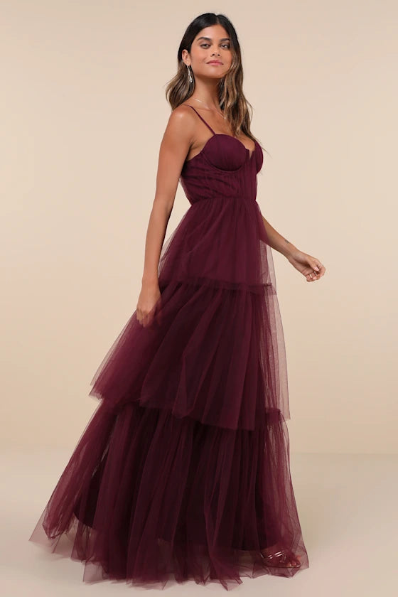 Enchanting Wine Red Tiered Tulle Maxi Dress with Corset Bodice, Formal Evening Gowns