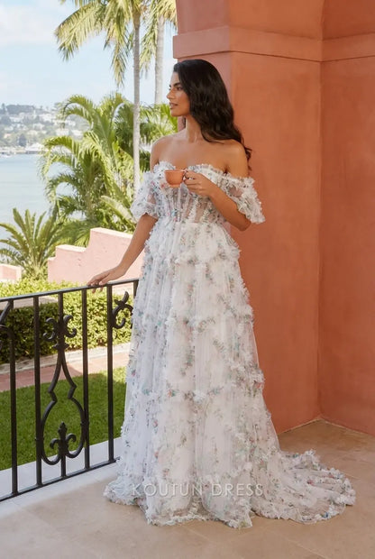 Enchanting A-Line Off-Shoulder Sleeved Tiered Floral Multi-Color Floor-Length Prom Dresses Gown