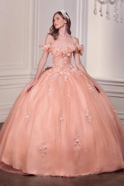 Enchanting Ball Gown Off-Shoulder Floral Applique Peach Blush Floor-Length Prom Dresses Gown