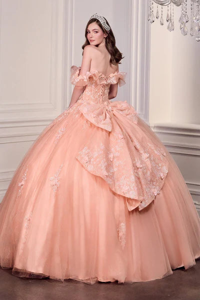 Enchanting Ball Gown Off-Shoulder Floral Applique Peach Blush Floor-Length Prom Dresses Gown