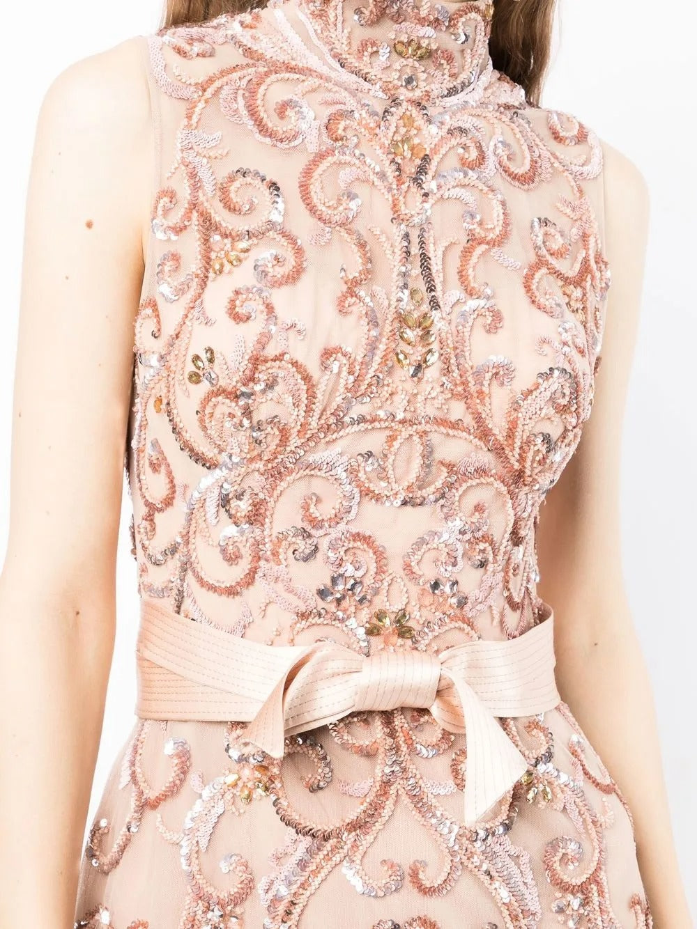 Ethereal Blush Embellished Tulle High-Neck Evening Dress