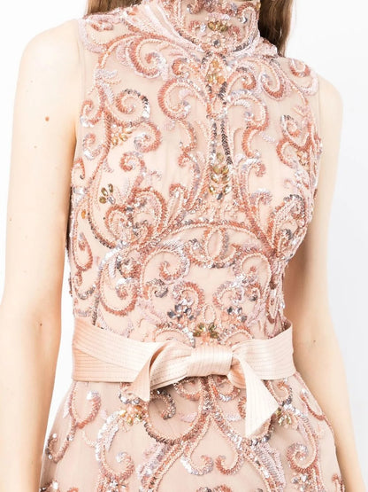 Ethereal Blush Embellished Tulle High-Neck Evening Dress